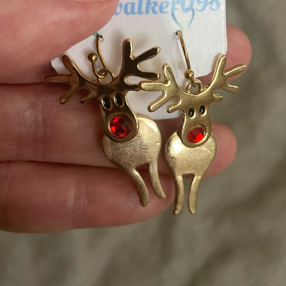 Holiday pierced earrings, gold, reindeer with red nose gem stone,